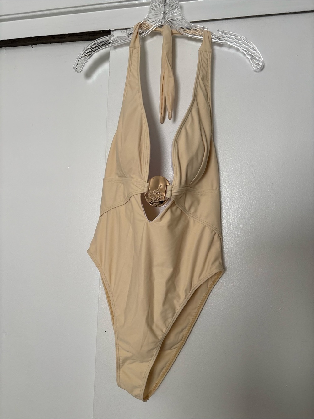 SHEIN Beige Halter One-Piece Swimsuit with Center Accent
